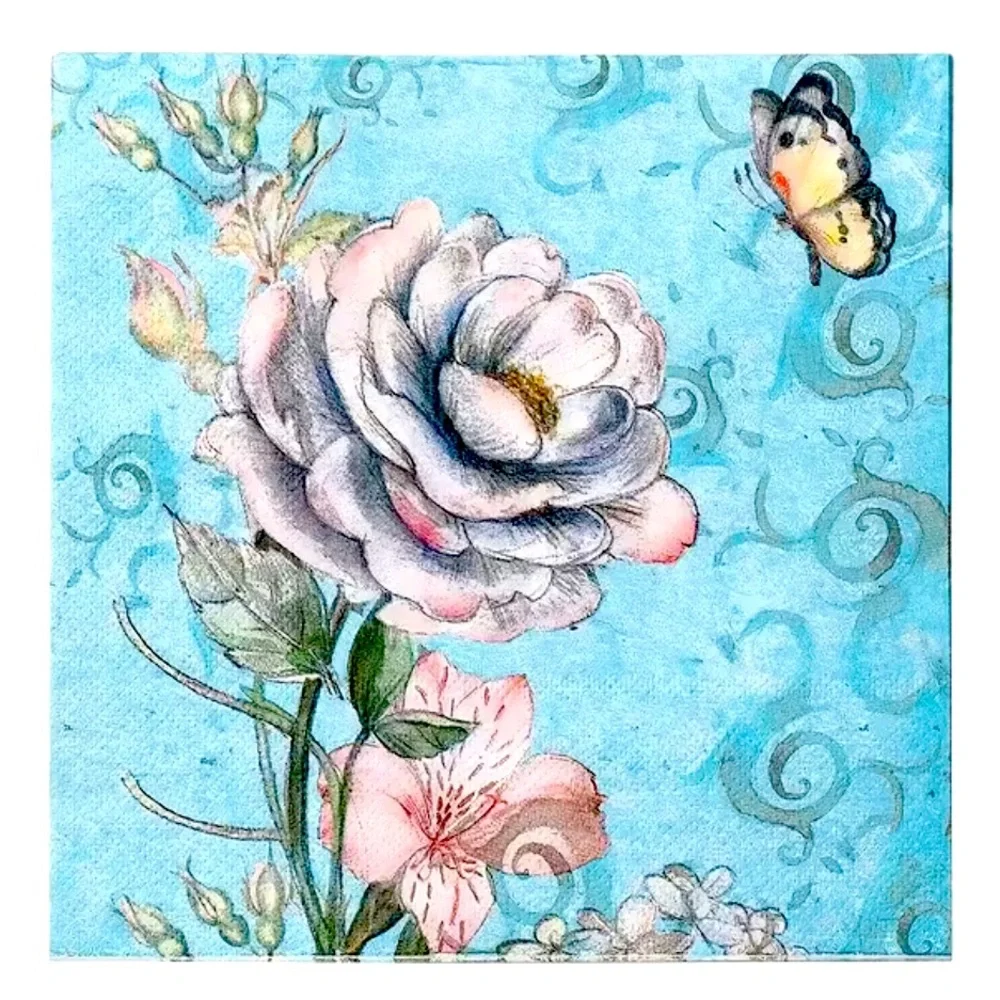 Two (2) Individual Floral and Butterfly Decoupage Napkins in Blue and Pink